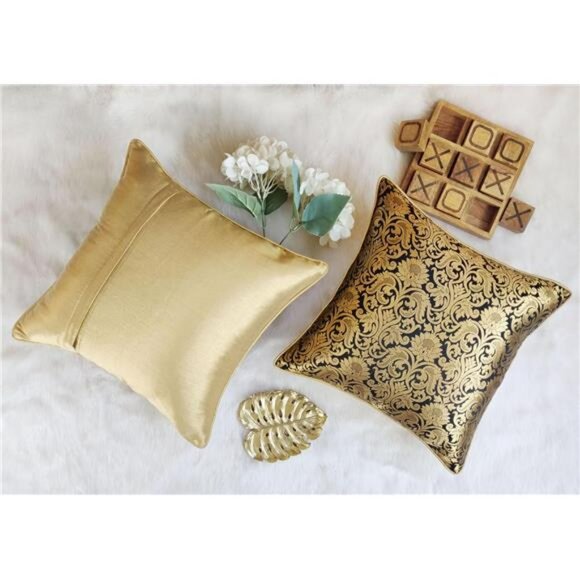 Black Gold Floral Brocade Pillow Covers 18x18 Set of 2 Decorative Cushion Covers - Picture 4 of 5